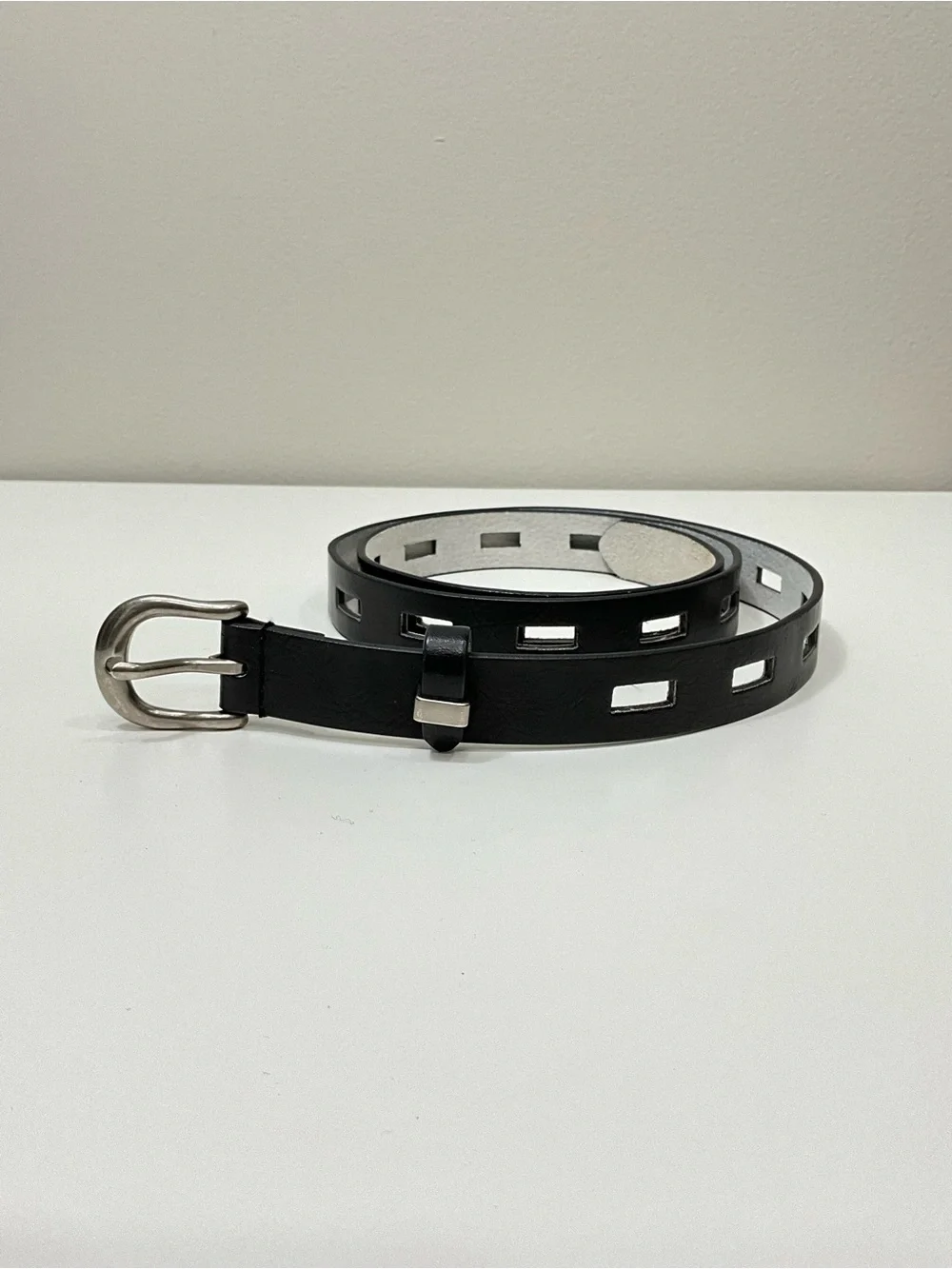 LODIS Black Leather Cutout Belt Silver Buckle Skinny Belt Made in Italy XL